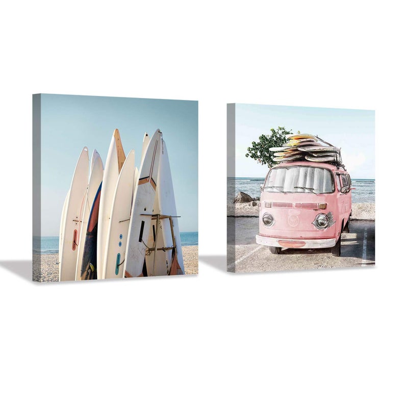 Hardy Gallery Beach Picture Coastal Art Painting: Surfboard & Pink Car Ocean Wall Art on Canvas for Bedroom Bathroom (12â€ x 12â€ x 2 Panels) - Image 1